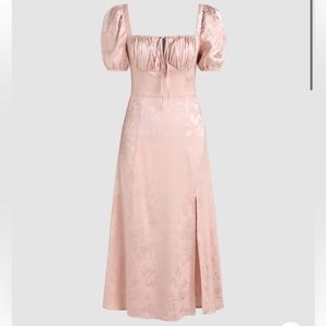 SATIN FLORAL SQUARE NECK MIDI DRESS